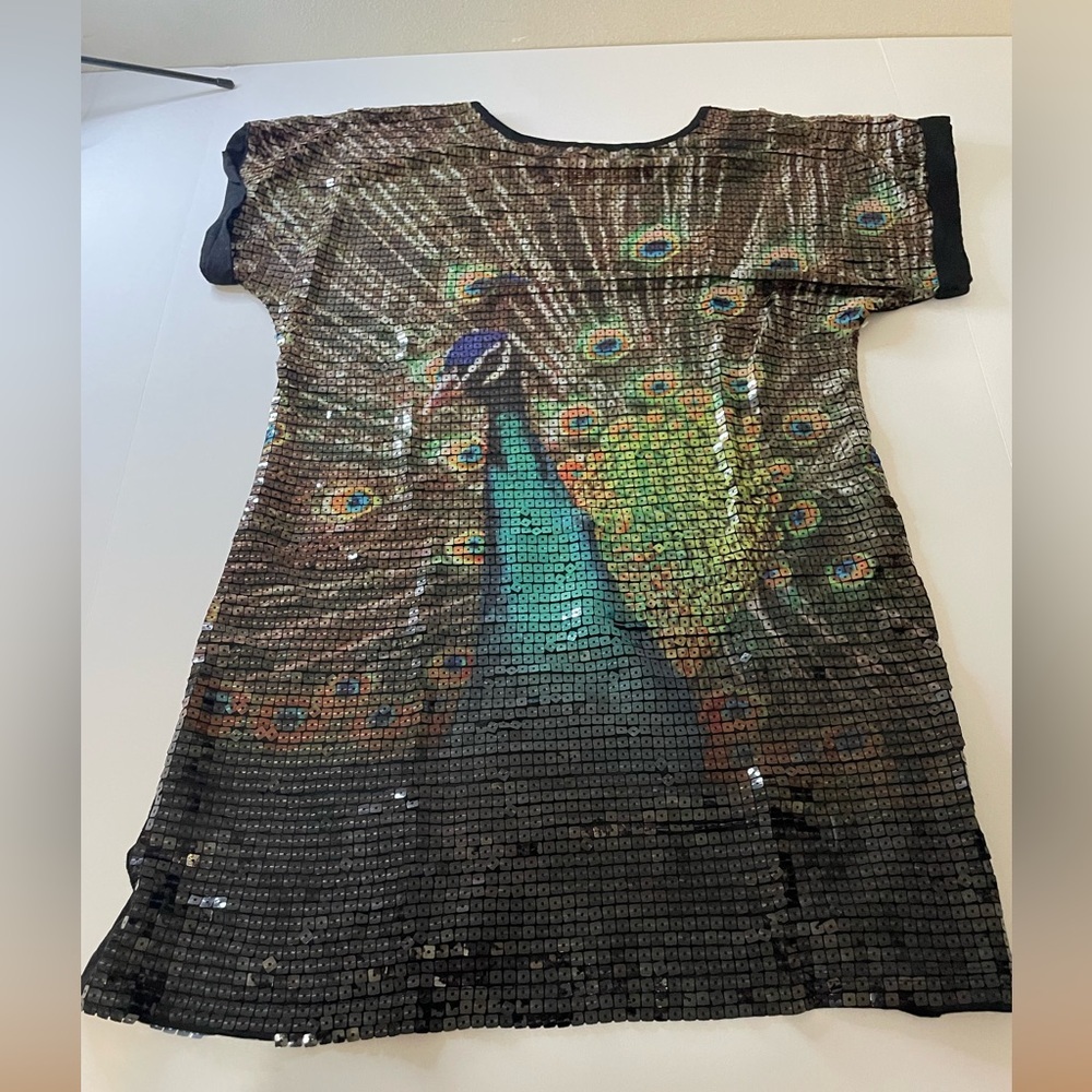 Sequin Peacock Long Shirt Tunic Black Jaymy USA Size Small S‎